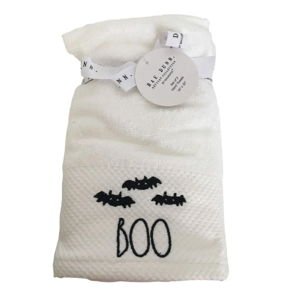 Rae Dunn Halloween Hand Towels Boo Bats Set of 2 16 x 30 in White with Black New